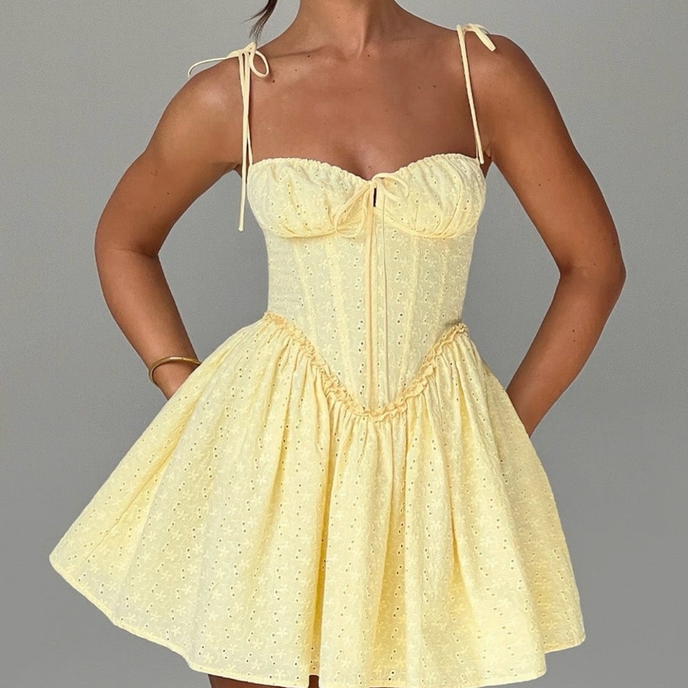 Yellow Eyelet Tie-Shoulder Mini Dress